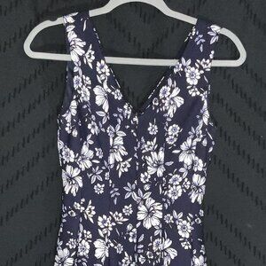 Vince Camuto Navy Blue & Yellow Floral V-Neck Fit & Flare Dress - Size 2